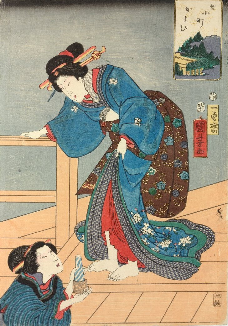 Utagawa Kuniyoshi. Series "7 Japanese Komachi". The woman on the wooden balcony