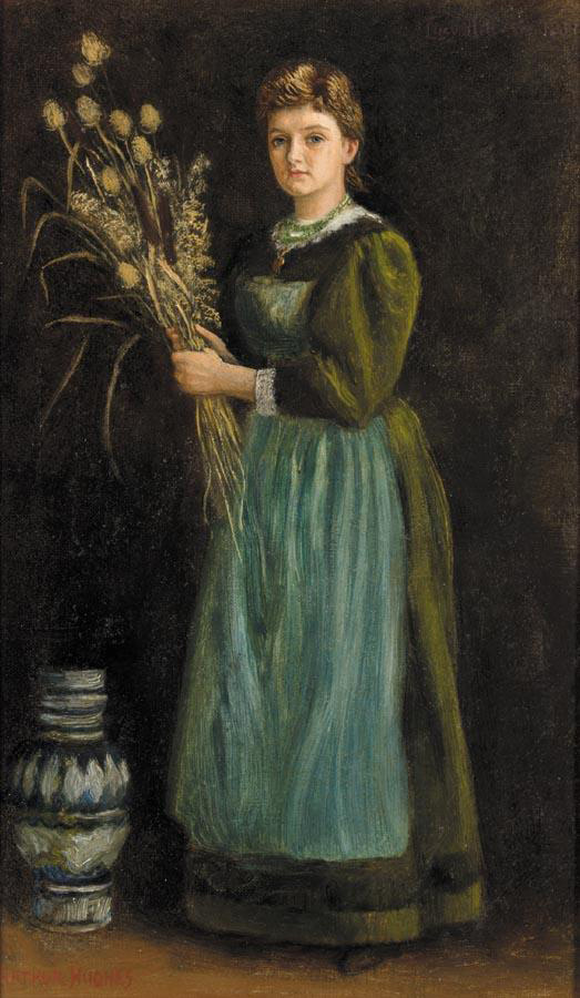 Arthur Hughes. Woman in a green dress. Portrait of lucy hill