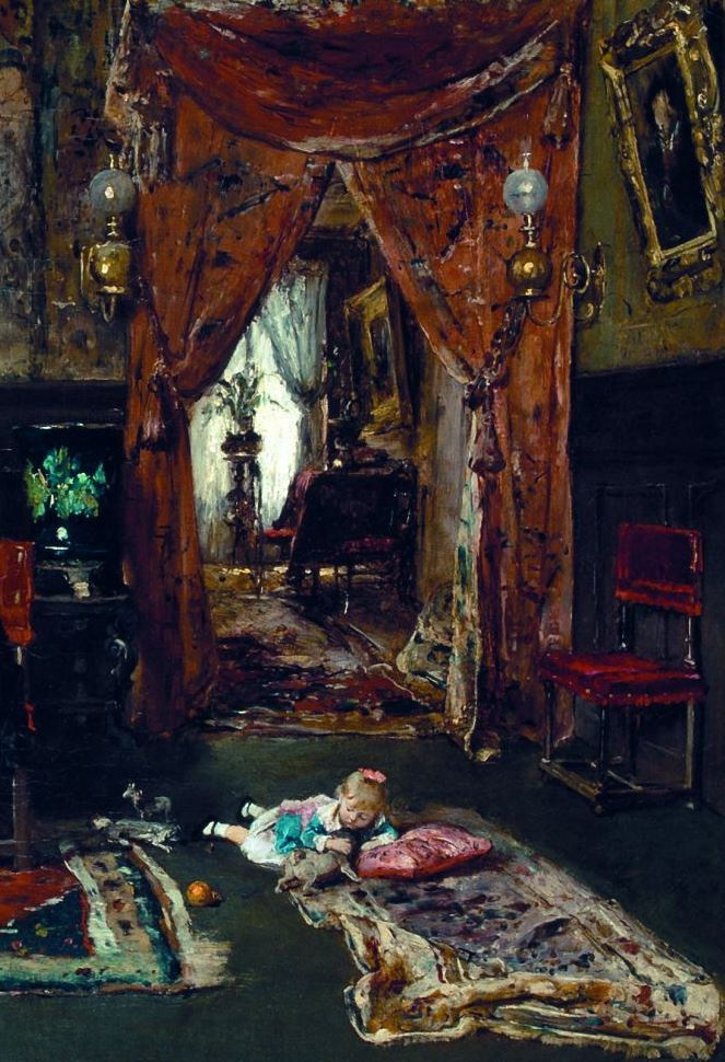 Mihály Munkácsy. Parisian interior. Fragment. A child with a dog