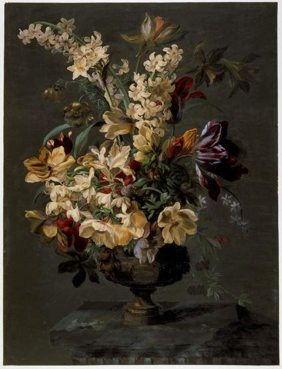 Mary Moser. The urn, decorated with the astrological symbol of the Fish, with a floral composition