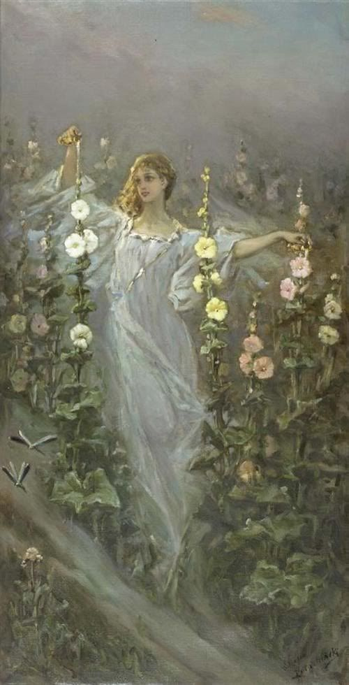 Wilhelm Kotarbinsky. Girl among the hollyhocks (flower Fairy; Rosa)