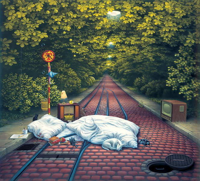 Jacek Yerka. Waiting for the streetcar