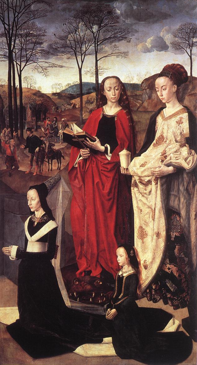 Hugo van der Gus. Saints Margaret and Mary Magdalene with Maria Portinari