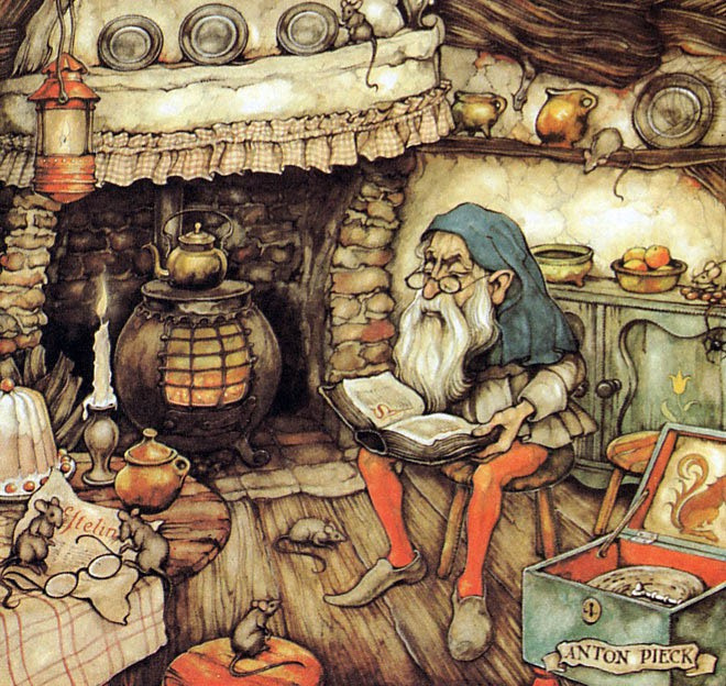 The dwarf with the book. Illustration for the fairy tales of the