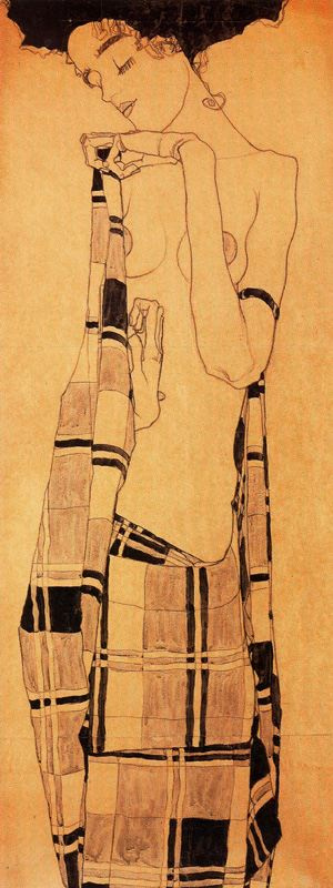 Egon Schiele. Gerti Schiele in a plaid garment