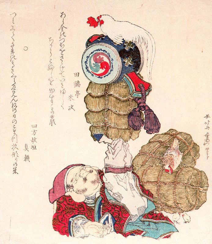 Кацусика Хокусай. Рисовые тюки с курами