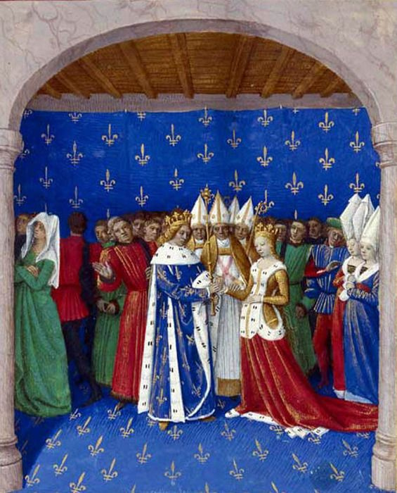 Jean Fouquet. Marriage of Charles IV and Marie of Luxembourg, on 21 September 1322. The thumbnail to the "Large French Chronicles"