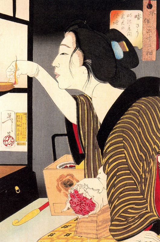 Tsukioka Yoshitoshi. Mannered geisha of the Meiji period. Series "32 the feminine face of everyday life"