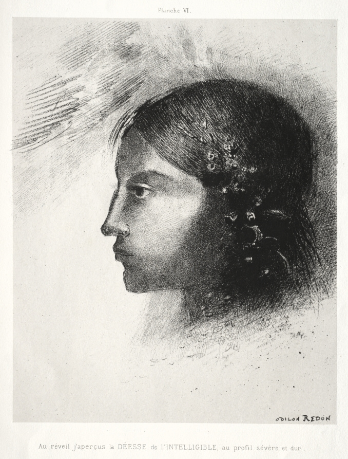 Odilon Redon. Dedication to Goya: after awakening, I watched the heavy and severe profile of the clever goddess