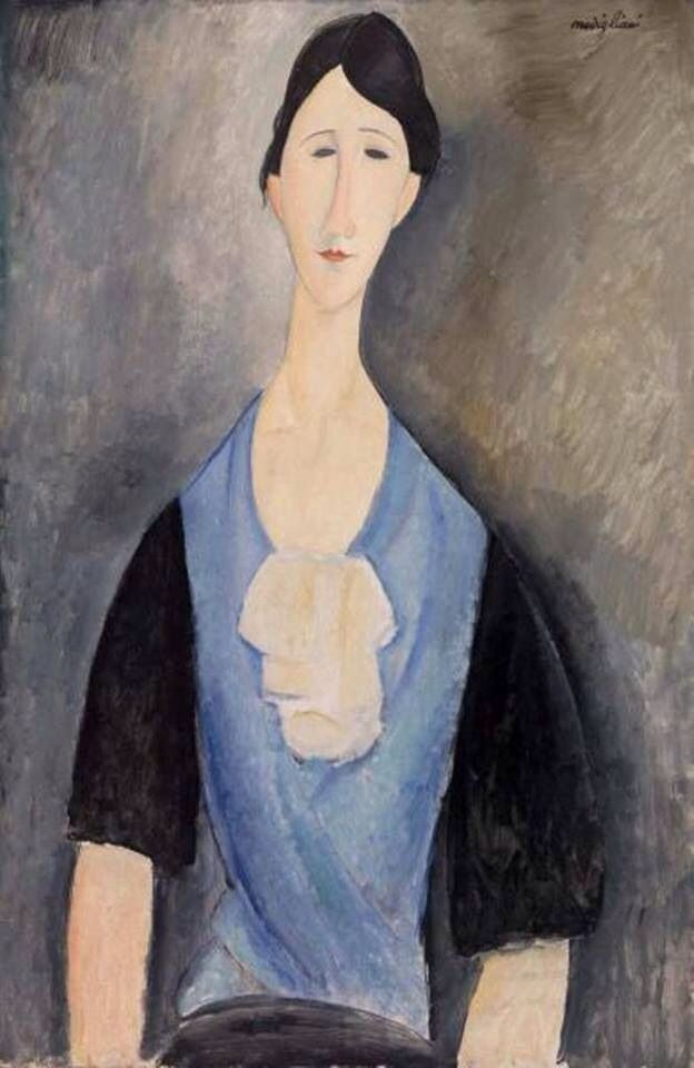 Amedeo Modigliani. Portrait of young woman in blue-blue dress