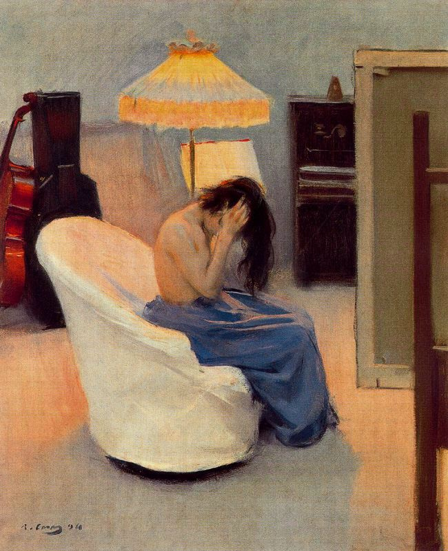 Ramon Casas i Carbó. In the rays of two lamps. Girl behind the toilet