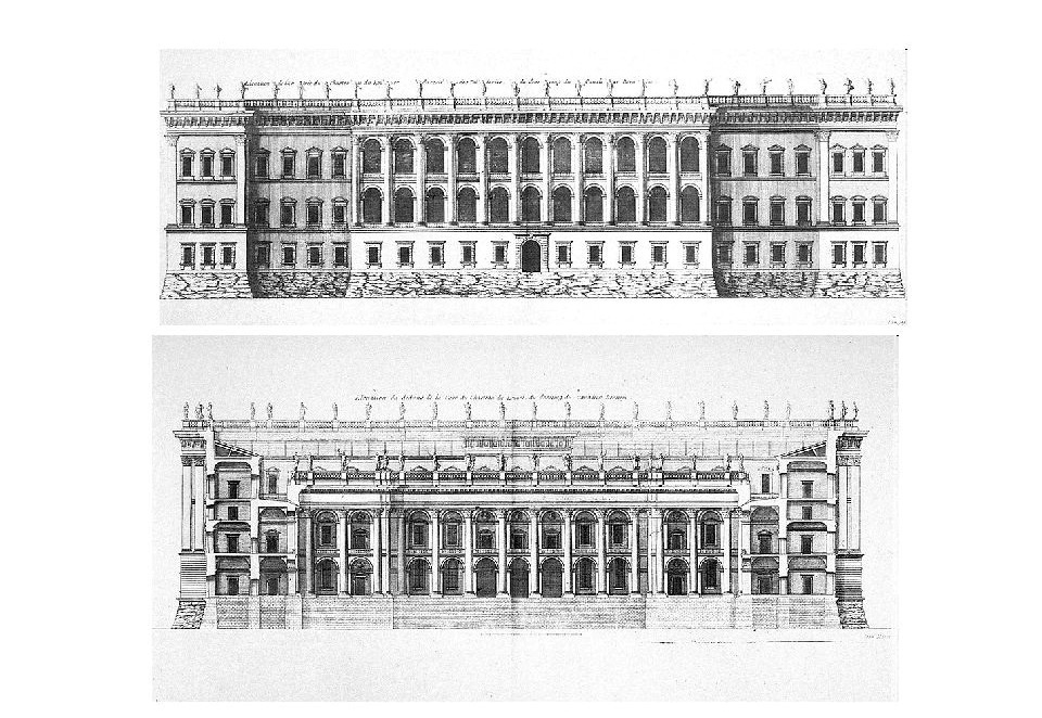 Gian Lorenzo Bernini. Louvre Museum, third project. East facade and section along the axis of the courtyard