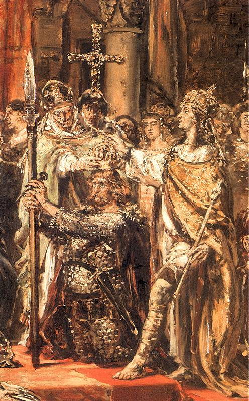 Ян Матейко. Коронация первого короля, 1001 год. Фрагмент. Войцех, первый архиепископ Гнезненский, коронует Болеслава Храброго