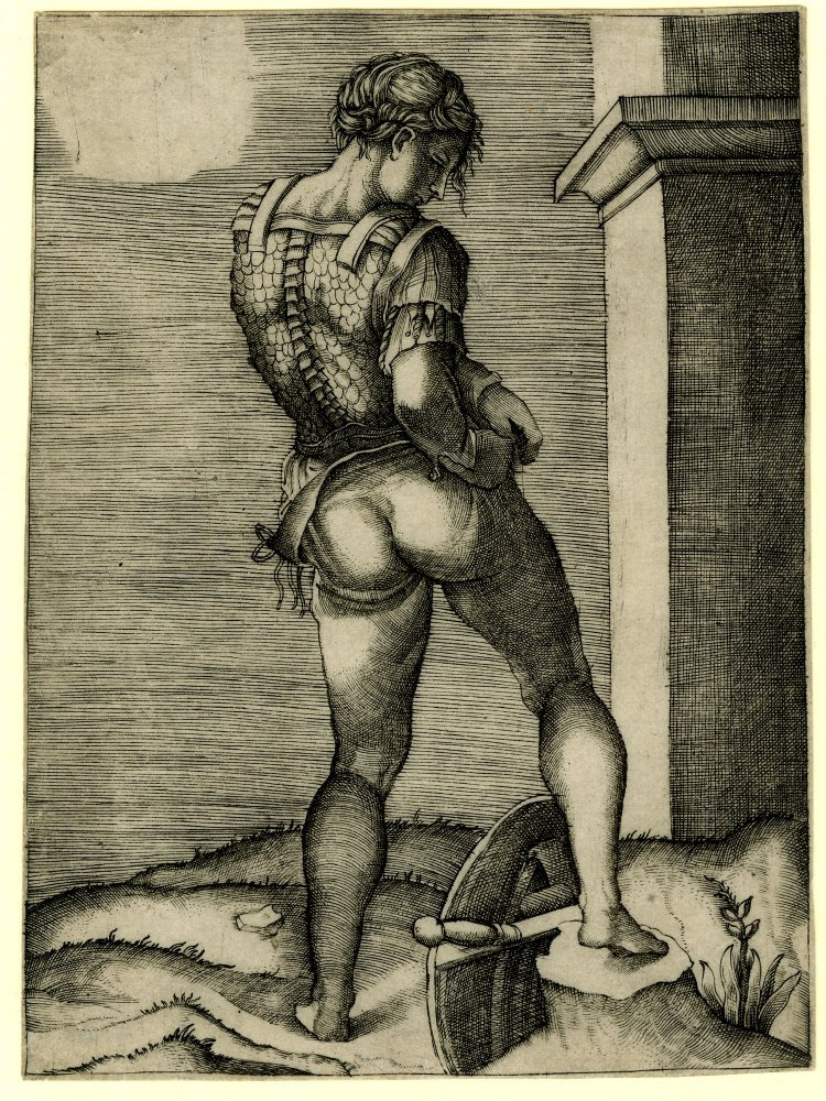 Агостино Венециано. Воин, привязывающий верхнюю часть брюк к кирасе (гравюра с работы Микеланджело)