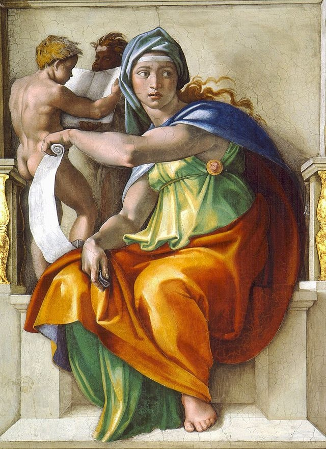 Michelangelo Buonarroti. The Delphic sibyl. A fragment of the painting of the Sistine chapel ceiling