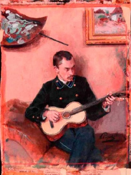 Arkady Alexandrovich Rylov. 艺术家K.F. Bogaevsky画象与吉他的