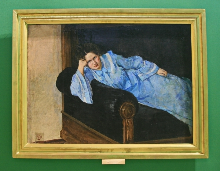 Portrait de la femme de l'artiste en robe bleue