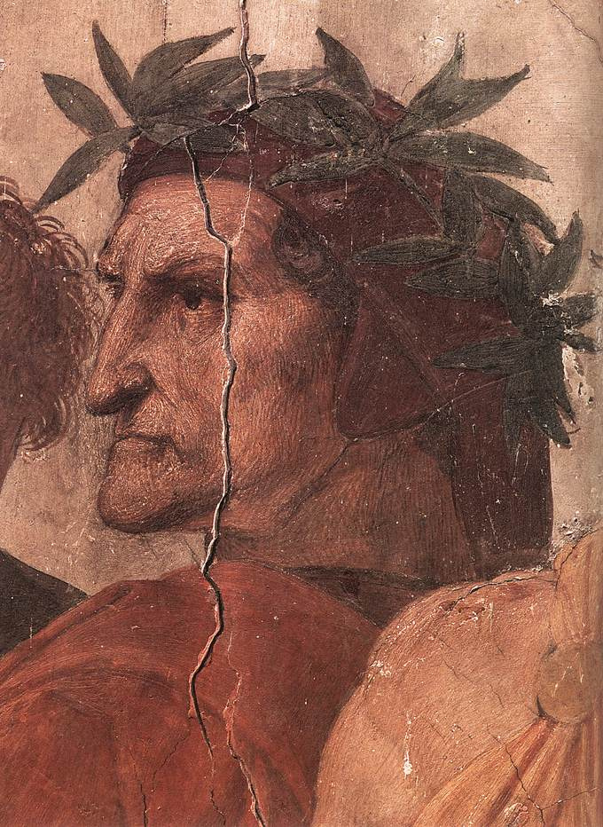 Raphael Santi. The stanza della senyatura. The Fresco "Dispute". Fragment: Dante Alighieri