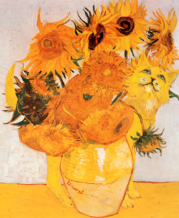 Unknown artist. Vase of sunflowers and a cat