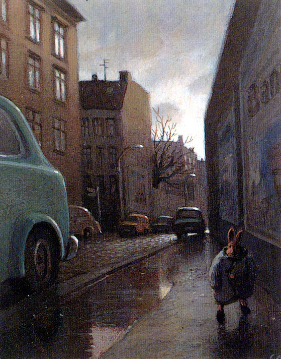Michael Owl. Rabbit on a rainy street