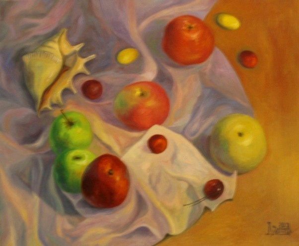 Лариса Луканьова. Натюрморт с яблоками и раковиной