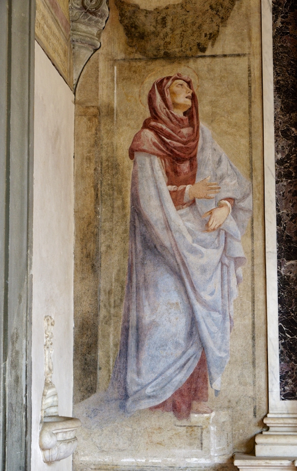 Saint Dominic bowing down to crucifixion. Fresco of the Monastery of San Marco, Florence