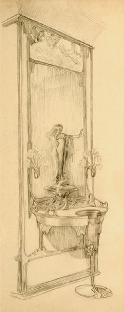 Alfonse Mucha. The interior of the jewelry store of Georges Fouquet. A sketch showcase with mirror and figurine