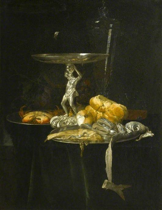 Willem van Aelst. Still life with a silver tableware, wine glass, herring, bread and onions