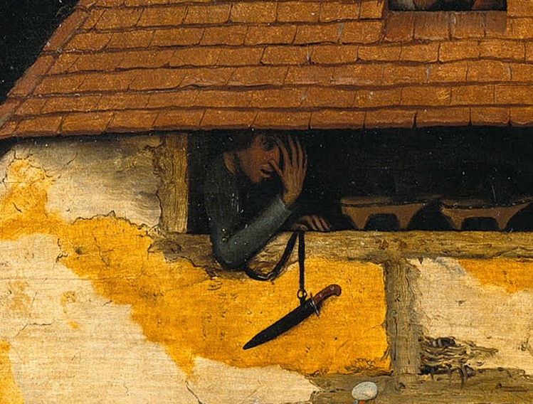 Pieter Bruegel The Elder. Flemish proverbs. Fragment: Watch through your fingers - be indulgent