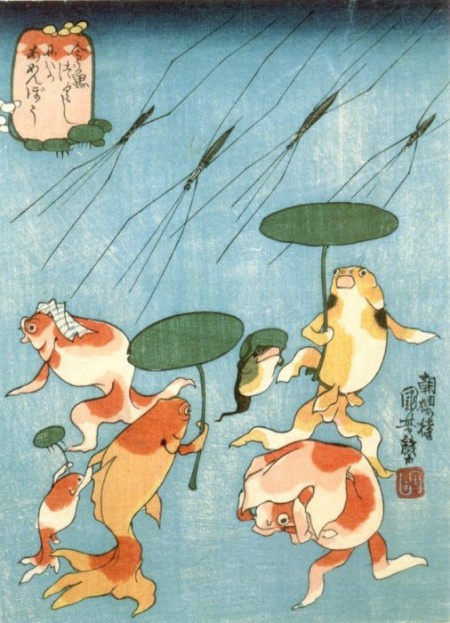 Utagawa Kuniyoshi. Japanese tales of fishes: a sudden downpour of water striders