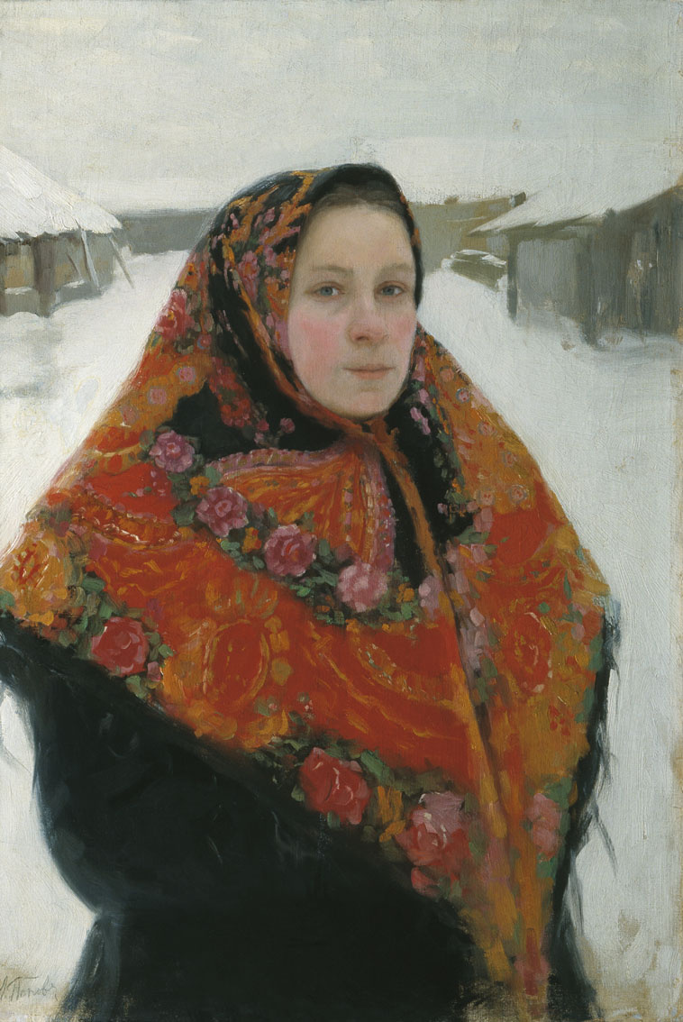 Lukian Vasilyevich Popov. Portrait of the wife in a colorful scarf. Mid 1900s Orenburg Regional Museum of Fine Arts