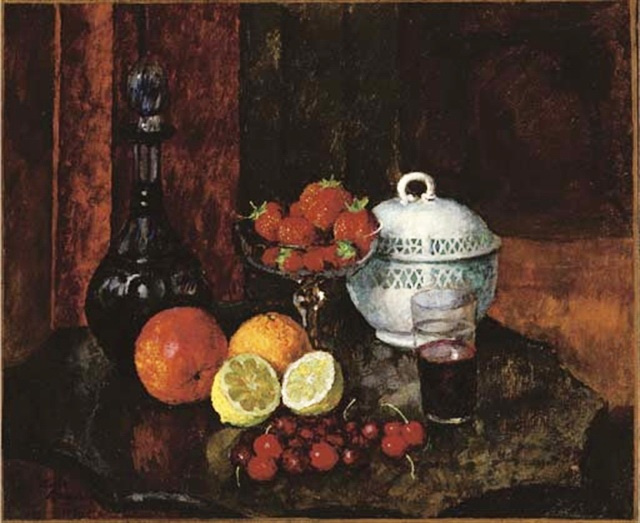 Ilya Mashkov. Still life with strawberries, cherries and a blue decanter