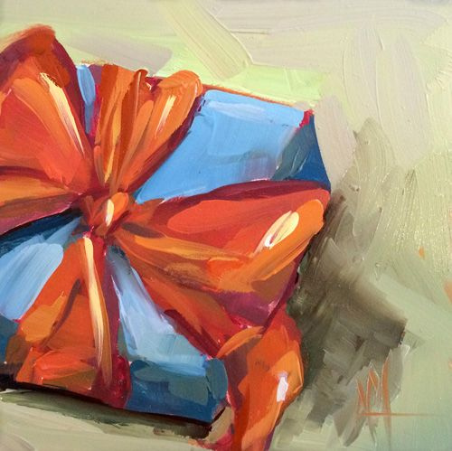 Angela Moulton. Blue gift with orange bow