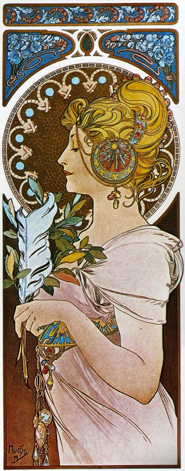 Alfonse Mucha. Portrait of a girl with feather