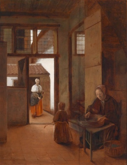 Pieter de Hooch. Madre con bebé y criada barriendo patio.