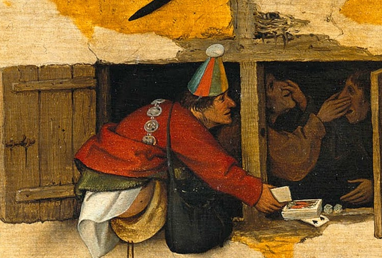 Pieter Bruegel The Elder. Flemish proverbs. Fragment: Fools go card - stupidity can overcome the mind