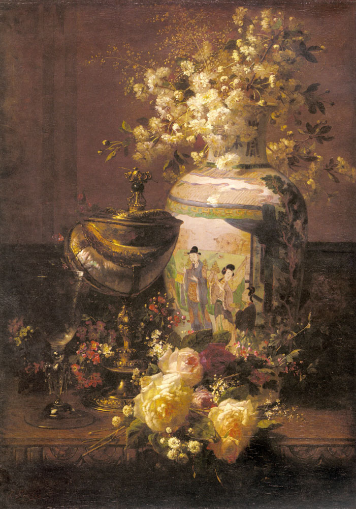 Jean-Baptiste Robey. Still life with Japanese vase and flowers