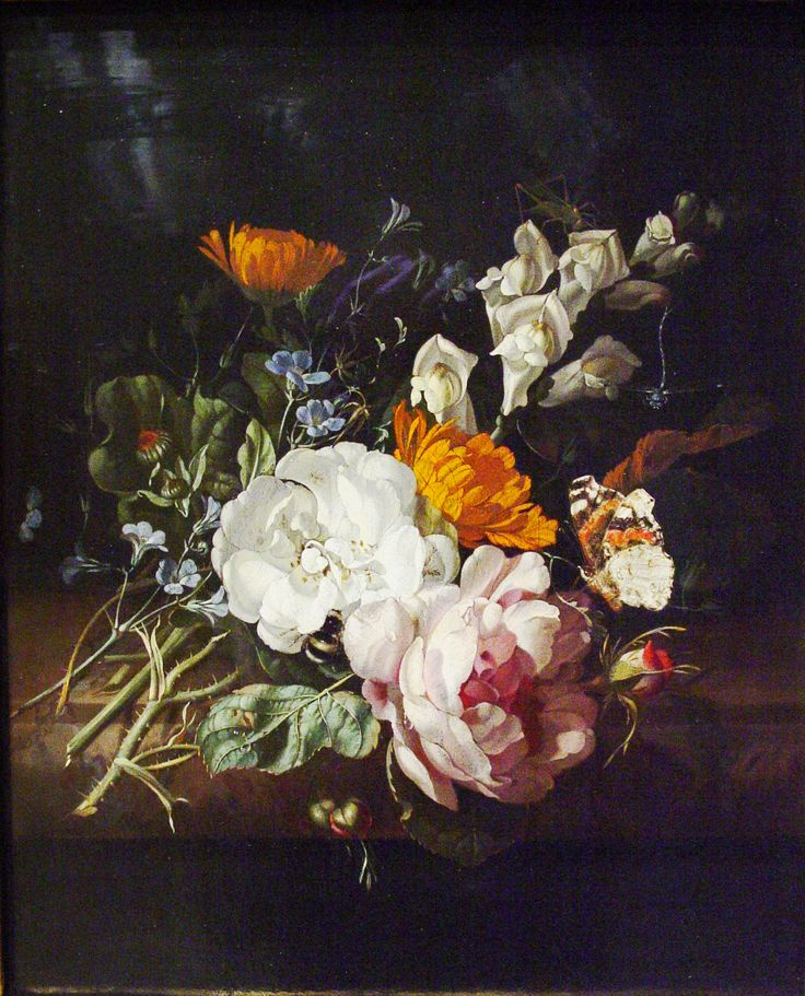 Rachelle Ruysch. A bouquet of flowers on a marble ledge