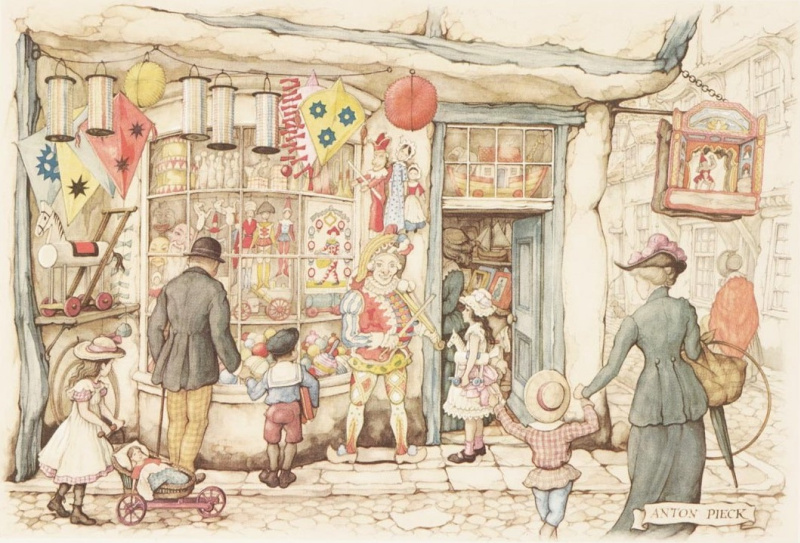 At the window of the toy store, 1960, 35×27 cm by Anton Pieck
