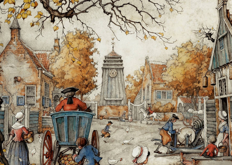 Anton Pieck Street scene in autumn city, 1981, 35×28 cm