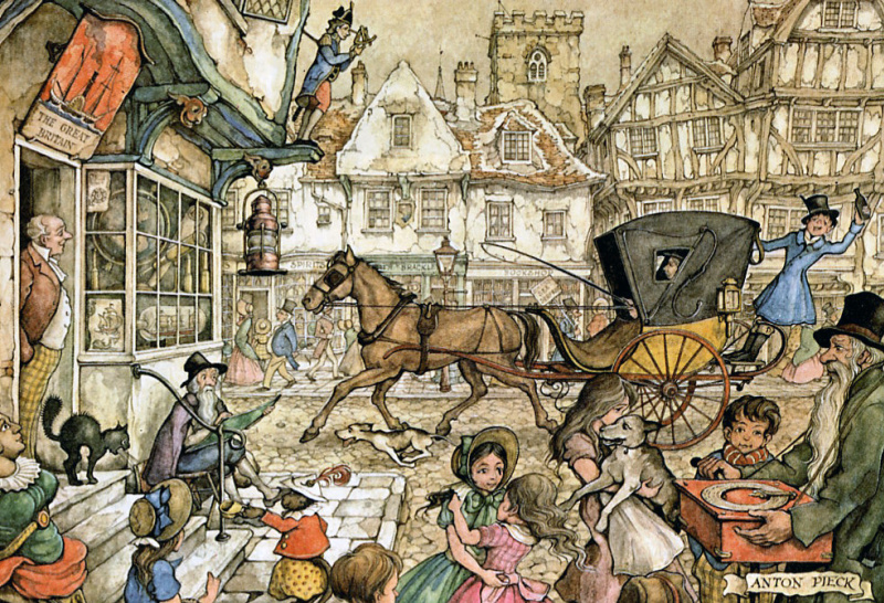ANTON PIECK 行進する人々 絵画 Anton Pieck City scene with passing crew, 1950: Description of the