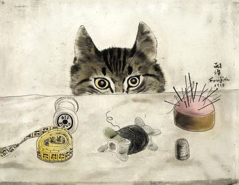 Cat at the table, 1927, 24×20 cm by Tsuguharu Foujita (Léonard