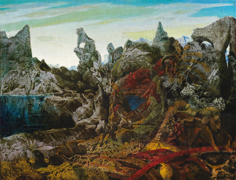 「限定1200部No.847 Max Ernst 自然の歴史 函付」 Landscape with a view of the lake and chimeras, 1940, 66×51 cm by