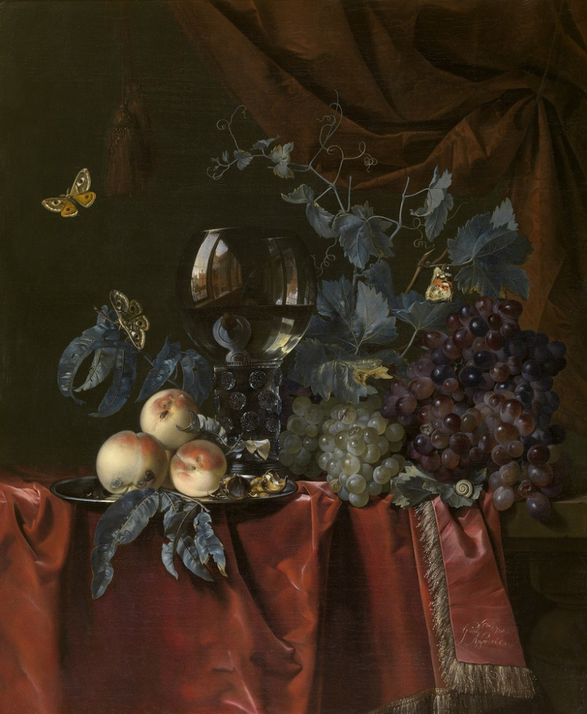 Willem van Aelst. Still life with grapes, peaches and römer