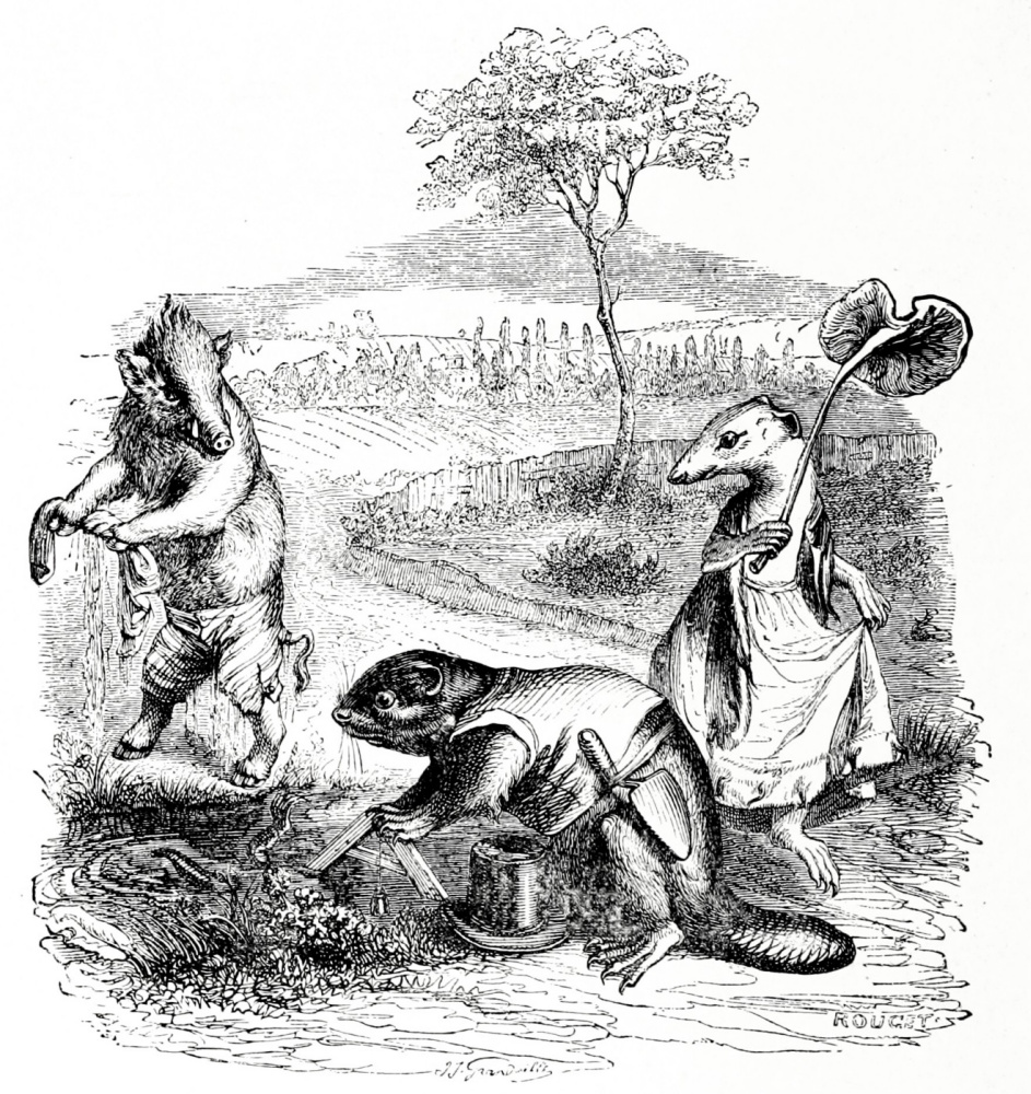 Jean Ignace Isidore Gérard Grandville. Three types of luck: Gornostay, Beaver and Boar. Illustrations to the fables of Florian