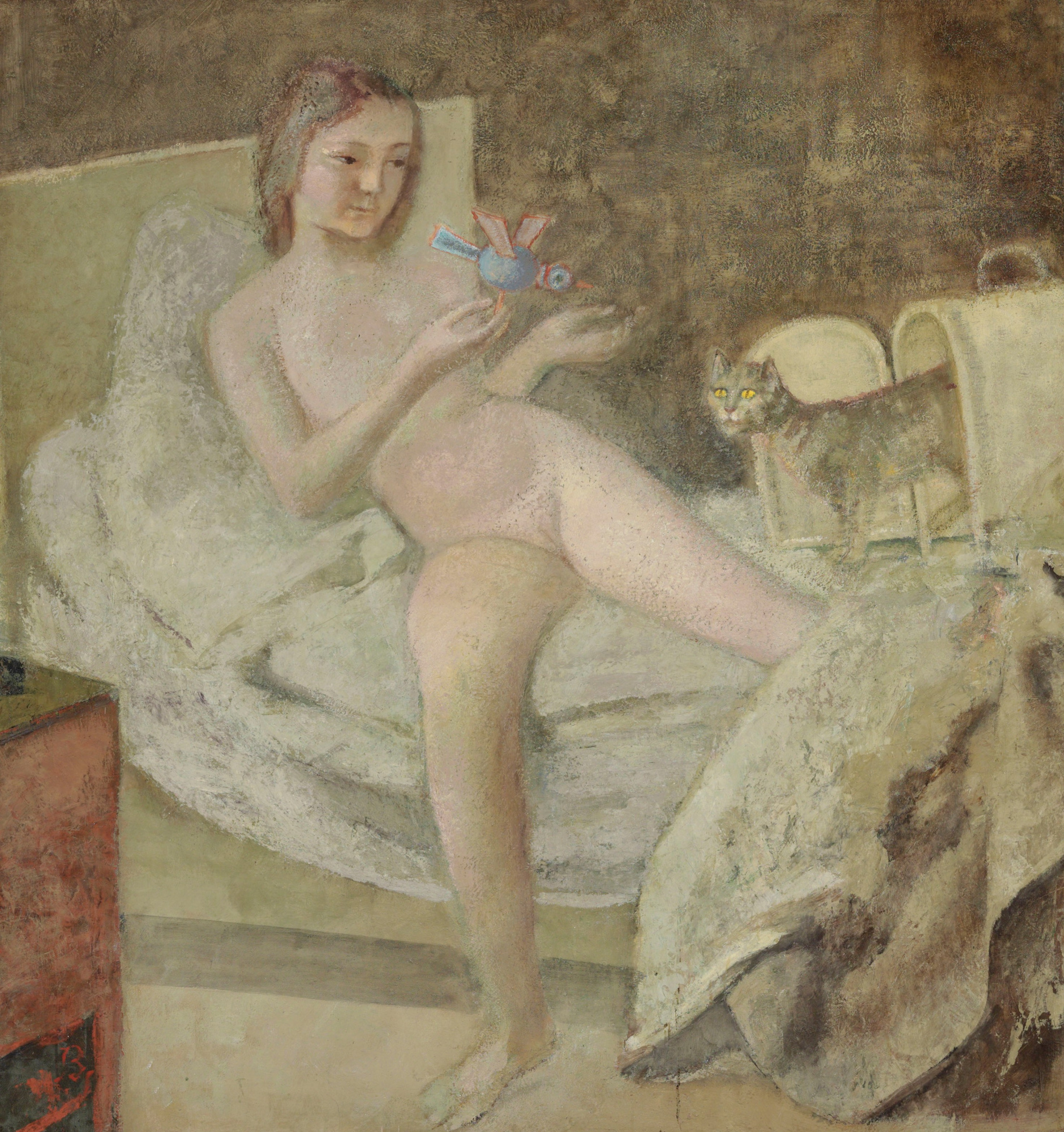 Balthus (Balthasar Klossovsky de Rola) Dawn. Nude with a bird and a cat,  1978, 160×170 cm: Description of the artwork | Arthive