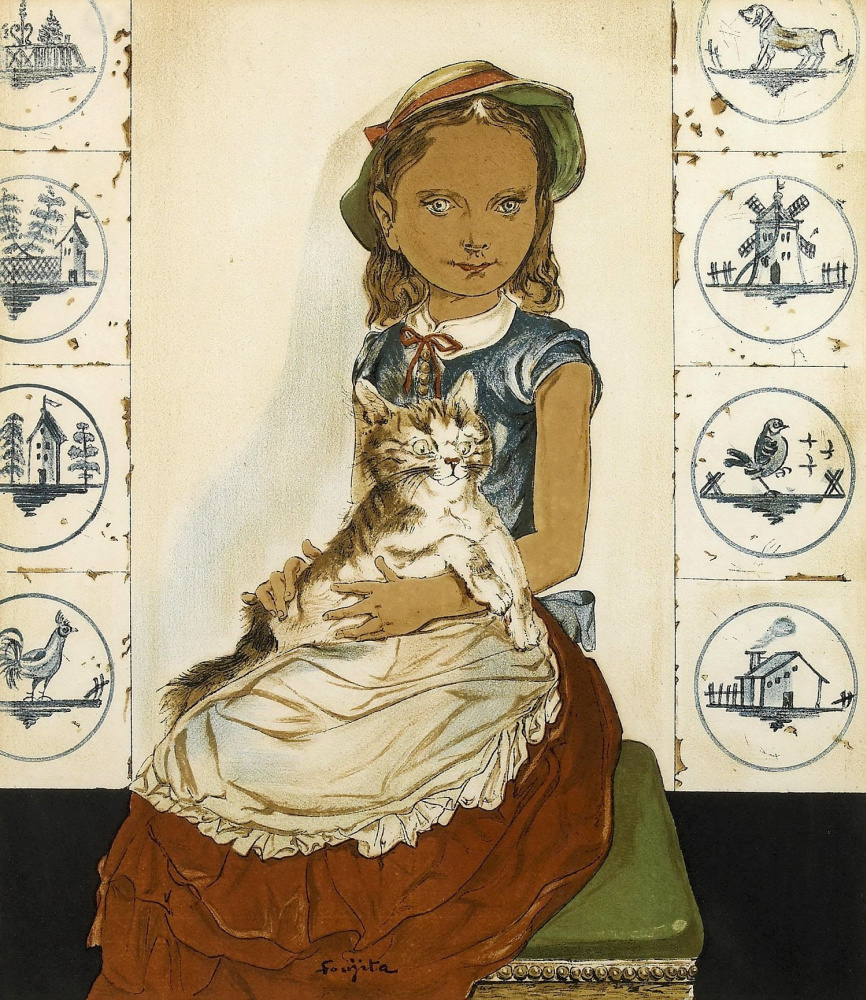 Tsuguharu Foujita (Léonard Fujita). Portrait of a girl with a cat