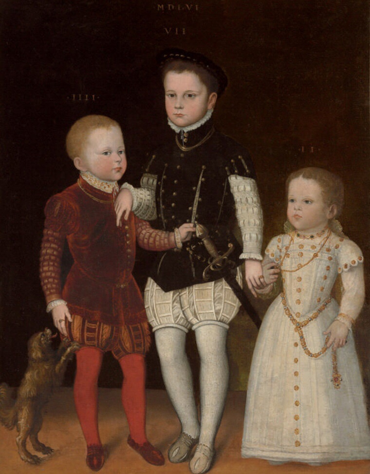 Antonis van Dashorst Mor. Three children, four, seven and two years, of a noble family and the dog