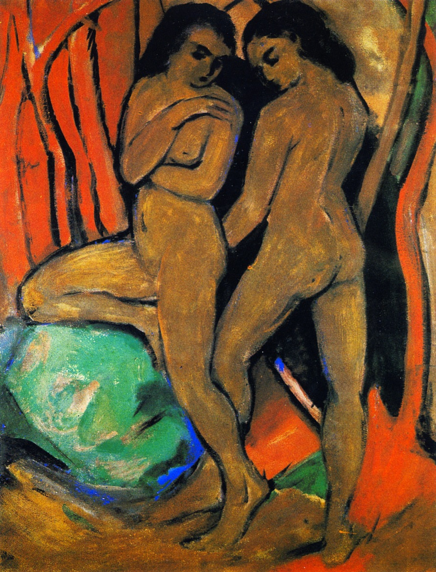 Franz Marc Dos mujeres desnudas cerca de la piedra verde., 1911, 49×64 cm:  Descripción de la obra | Arthive