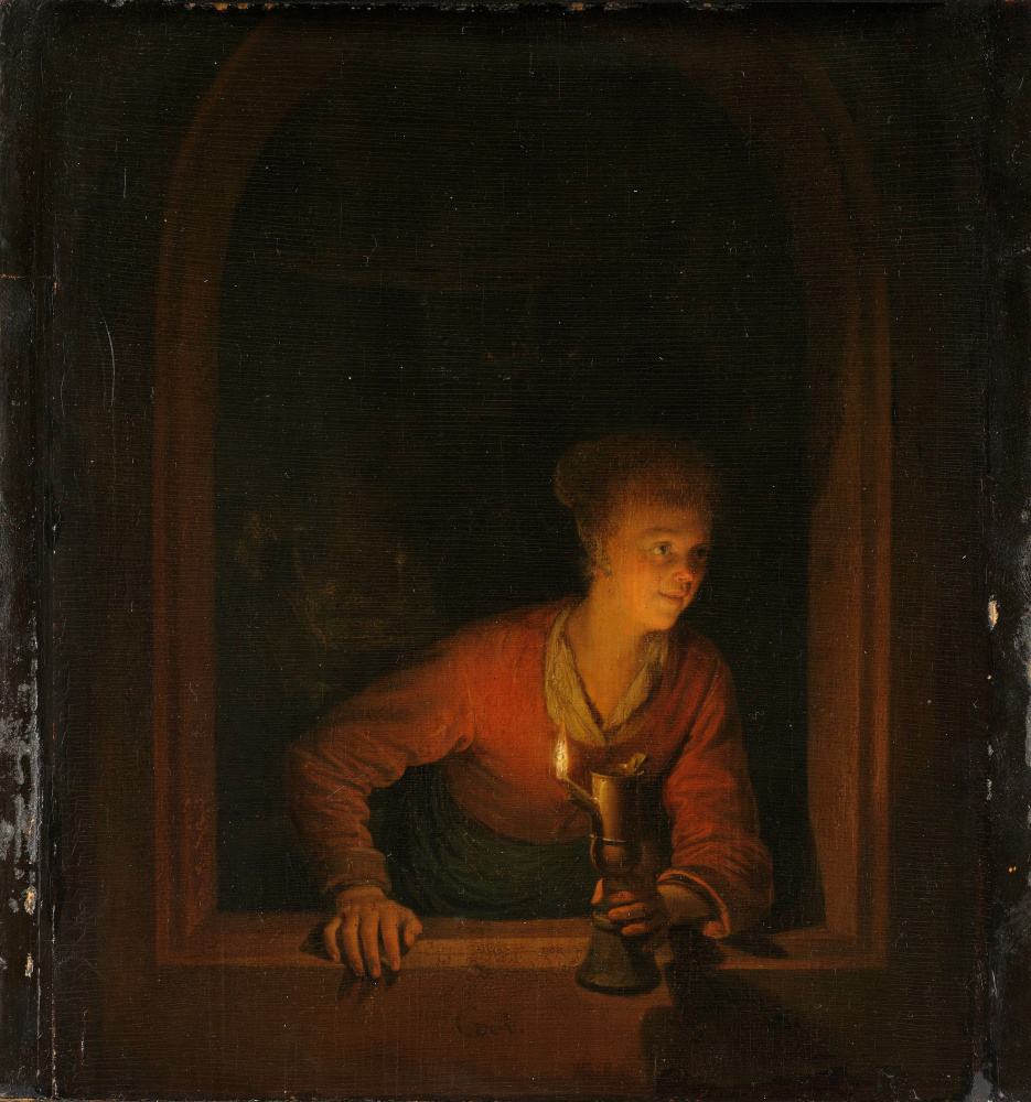 Gerrit (Gerard) Dow. The girl in the window with an oil lamp